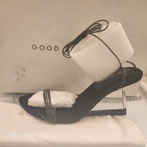 Good American Cinderella lucite triangle wedge heel strappy sandal black lace up